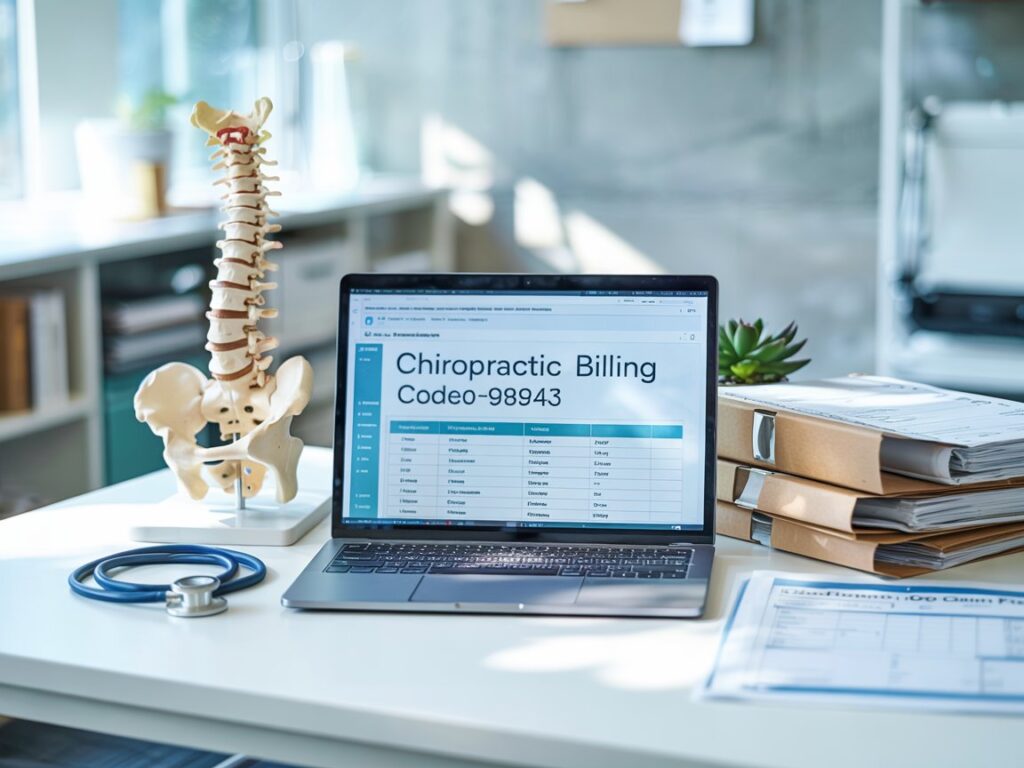 Chiropractic Billing Compliance - a stethoscope, spine model and laptop representing Chiropractic Billing Compliance