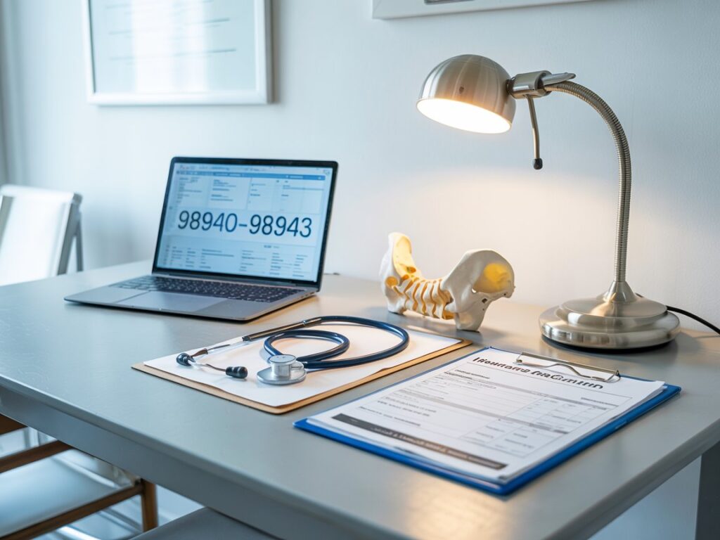 Why Chiropractic Billing Is Different - laptop displaying chiropractic billing codes (98940–98943) on the screen