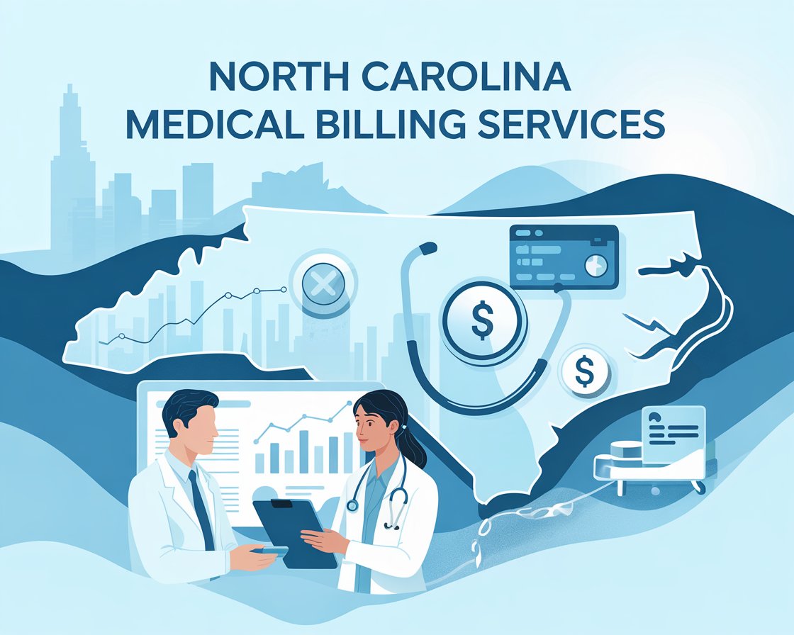 North Carolina Medical Billing Services - Illustration showing Doctors in Front of NC Medical Billing Services Text